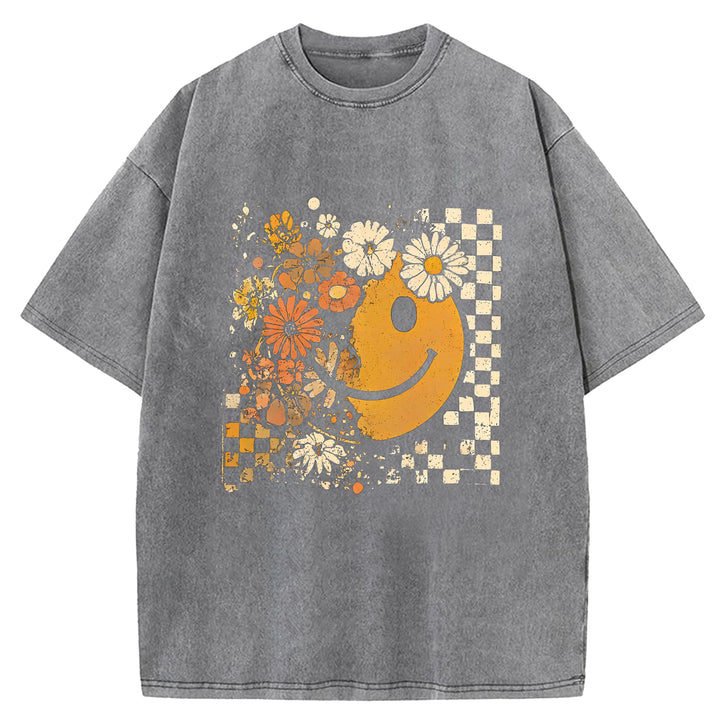 Smiley Face Floral Washed Crew Neck T-shirt