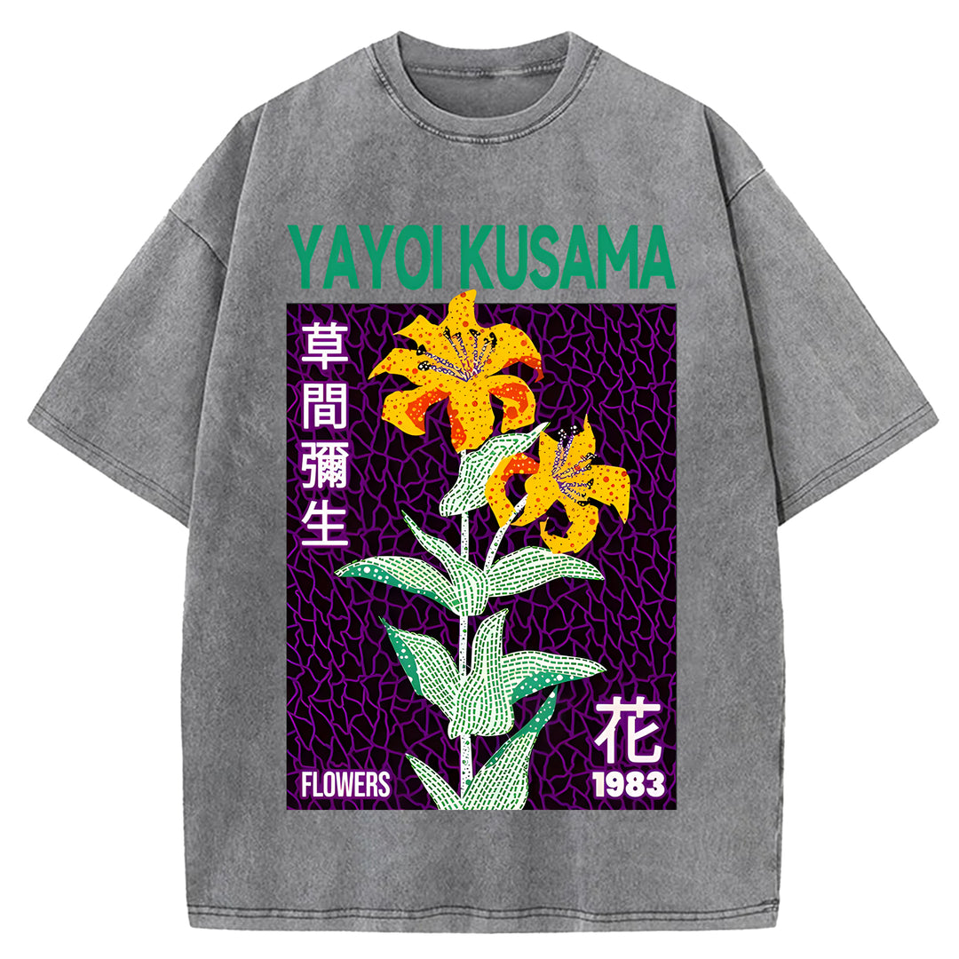 Yayoi Kusama Flowers Vintage Design Washed Crew Neck T-Shirt