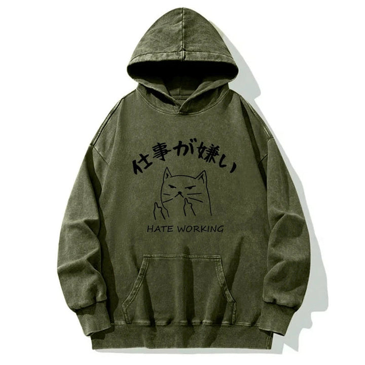 A Cat That Hates Work Washed Hoodie