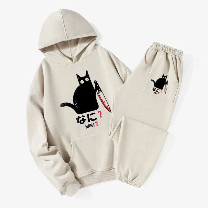 A Puzzled Cat Holding A Knife Fleece Lined Hoodie Set