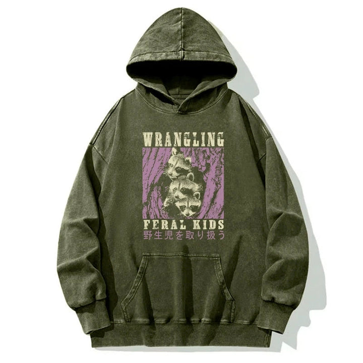 Wrangling Feral Raccoon Kids Washed Hoodie