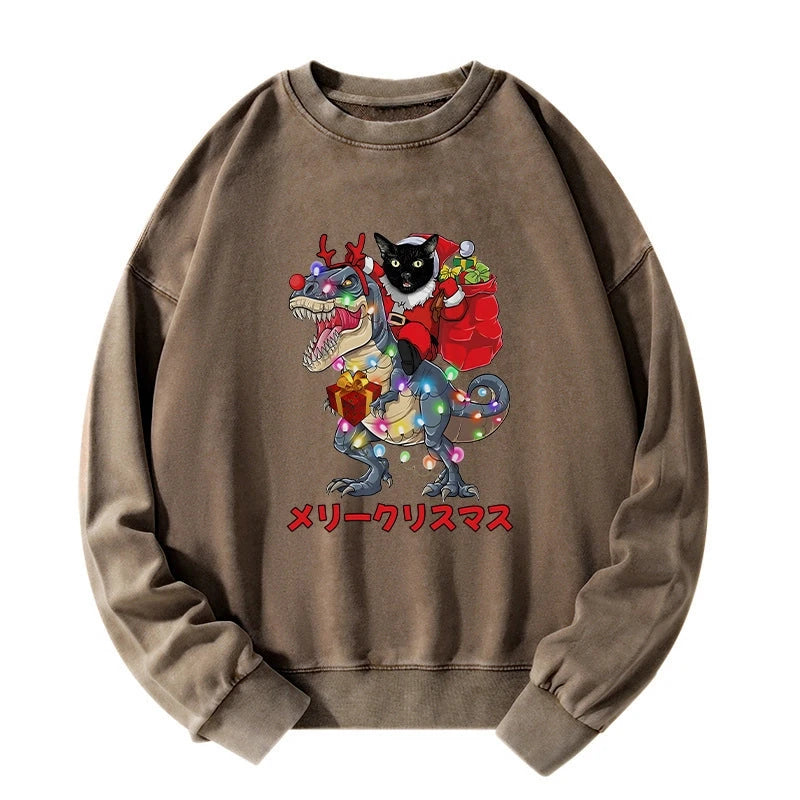 Cat Riding Dinosaur Christmas Washed Sweatshirt