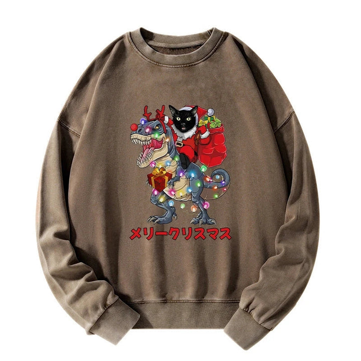 Cat Riding Dinosaur Christmas Washed Sweatshirt