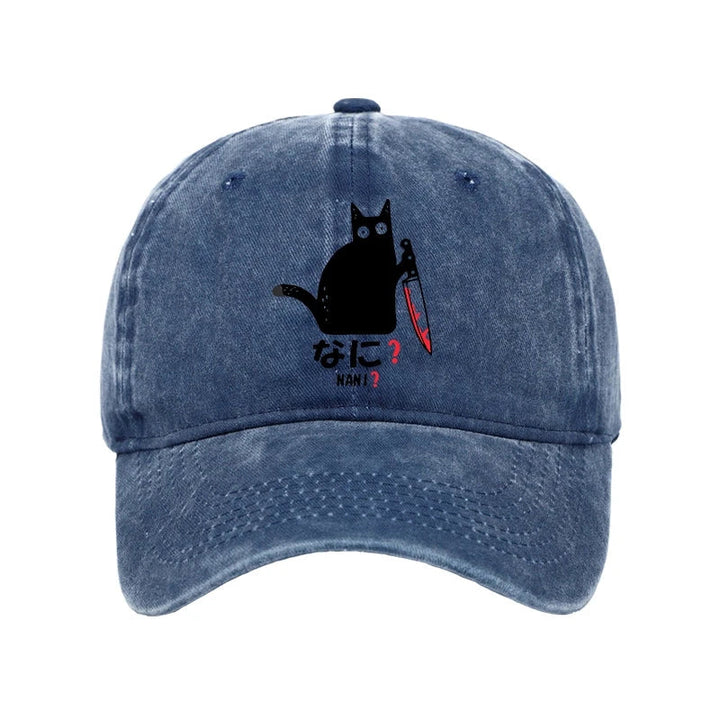 A Puzzled Cat Holding A Knife Washed Cap