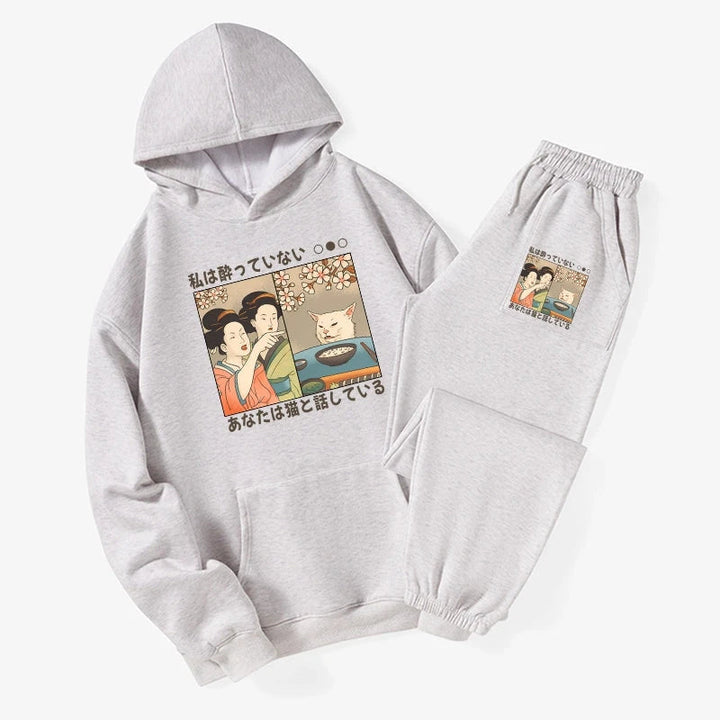Japanese Woman Shouting at a Cat Fleece Lined Hoodie Set