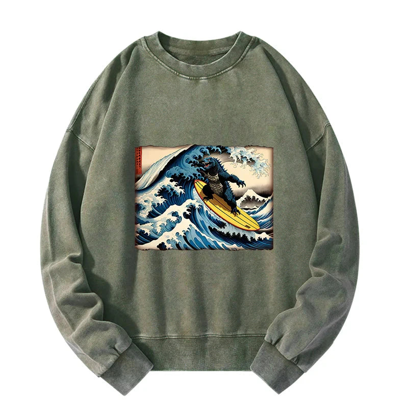 Dinosaur Surfing Japanese Washed Sweatshirt
