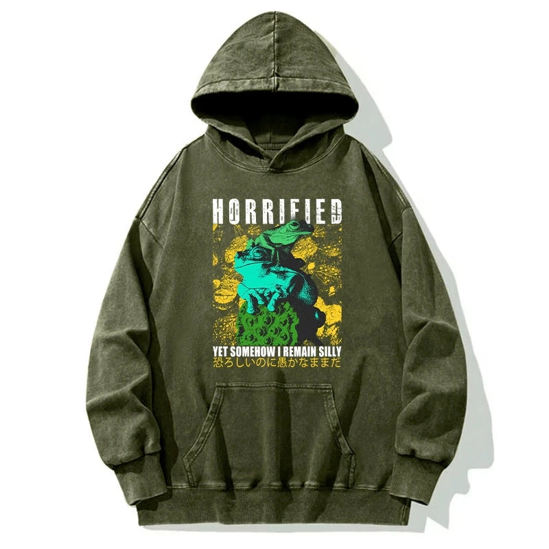 Horrified Two Frogs Funny Washed Hoodie