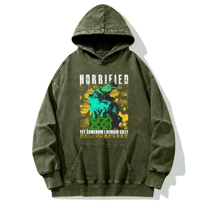 Horrified Two Frogs Funny Washed Hoodie