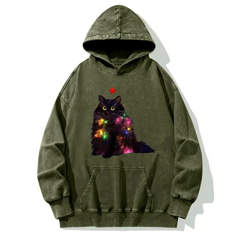 Christmas Lights Cat Washed Hoodie