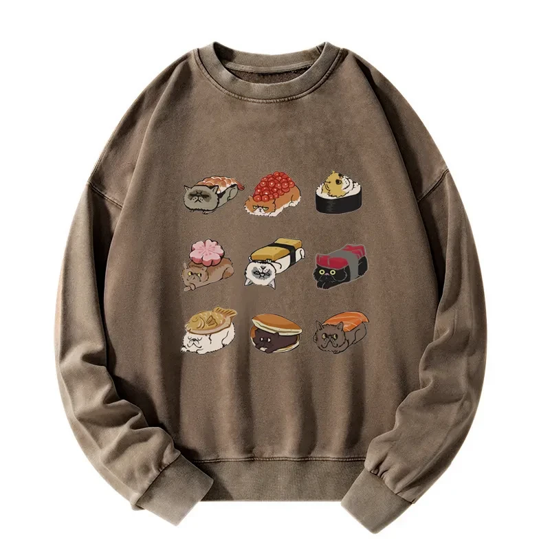 Cute Cat Sushi Washed Sweatshirt