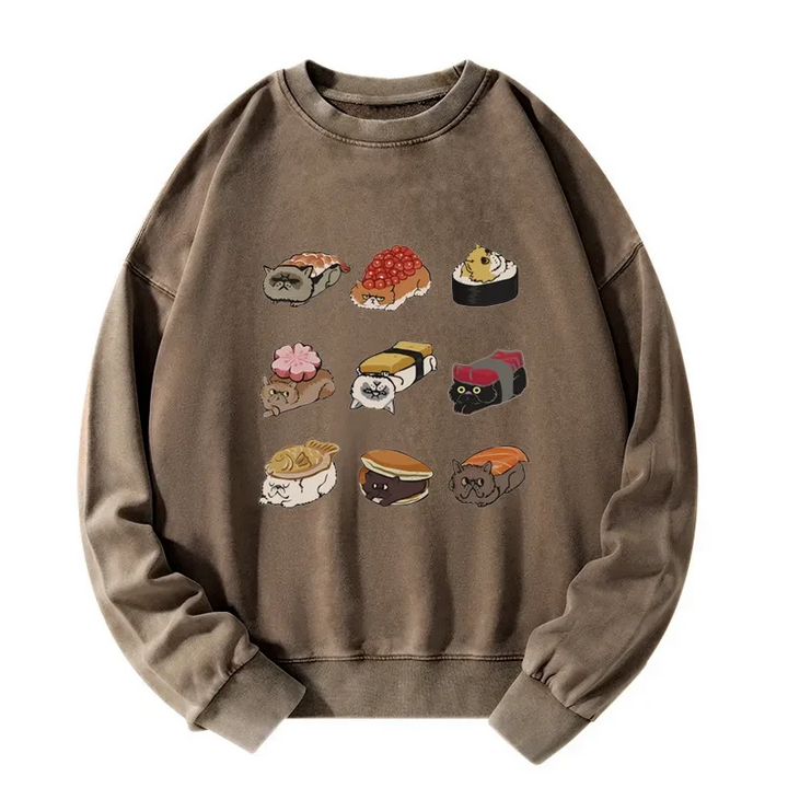 Cute Cat Sushi Washed Sweatshirt