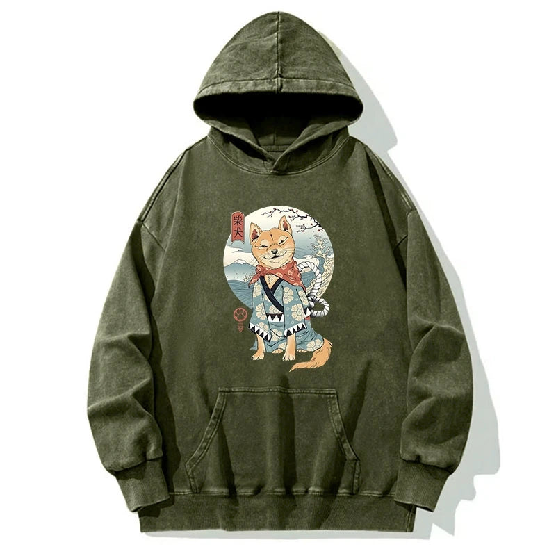 Samurai Shiba Dog Japanese Washed Hoodie