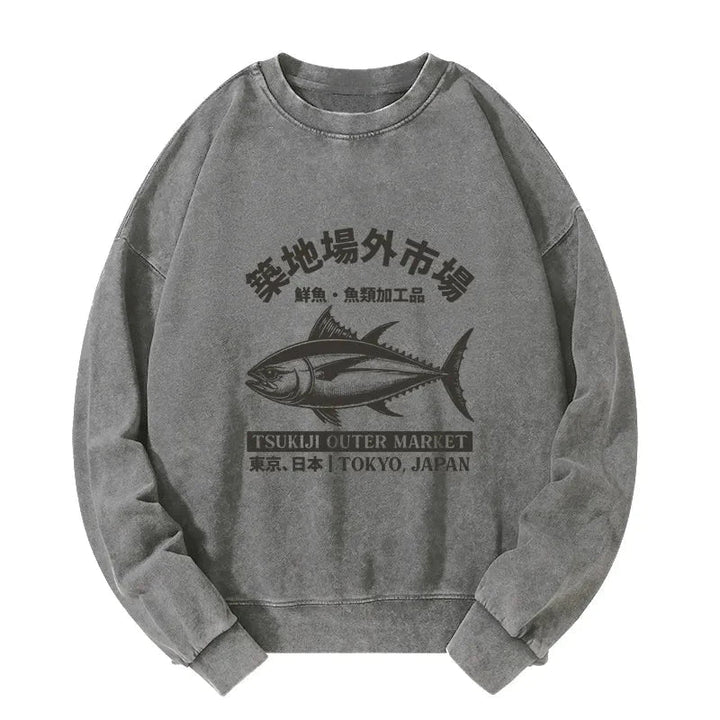 Tokyo Japan Tsukiji Fish Market Washed Sweatshirt