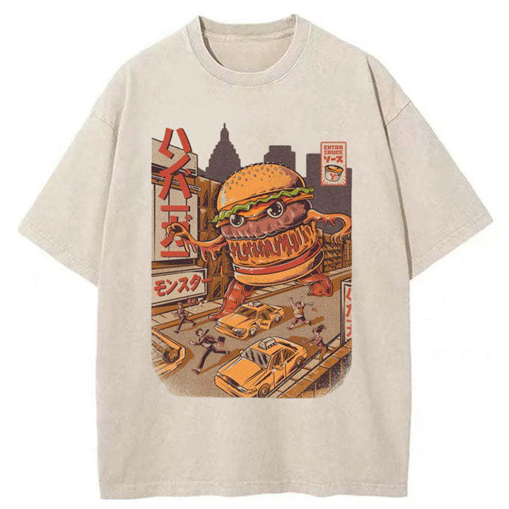 The Great Burger Kaiju Japanese Washed Crew Neck T-Shirt