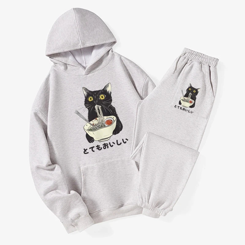 Cats Eat Ramen Noodles Fleece Lined Hoodie Set
