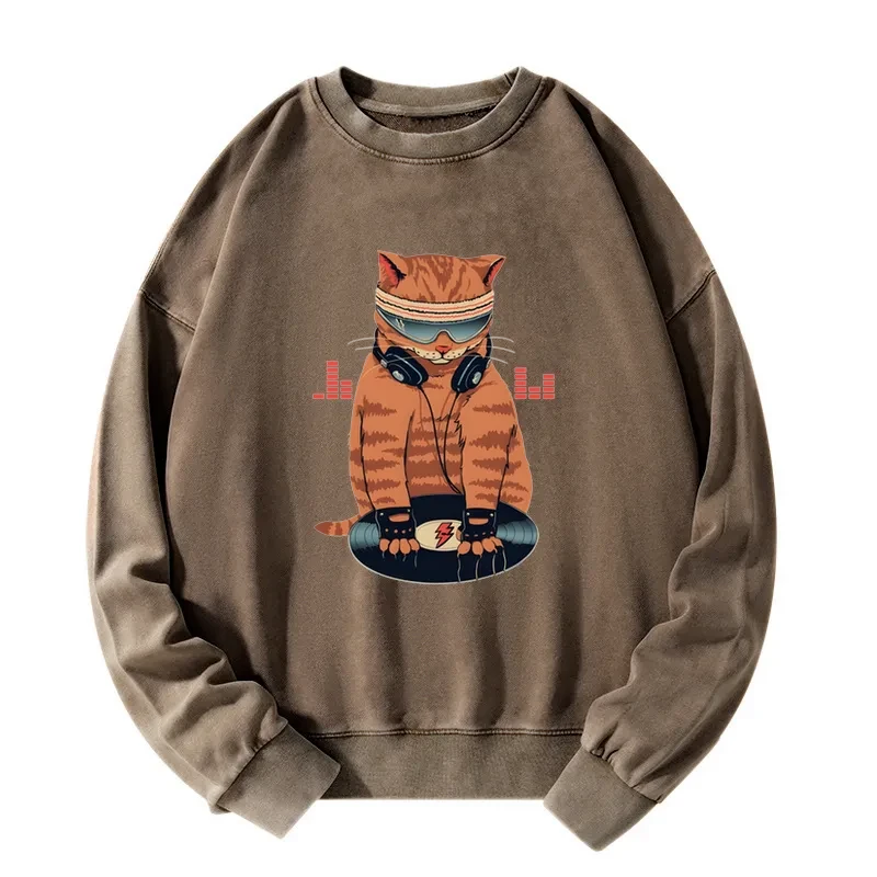 Funny Cat DJ Washed Sweatshirt