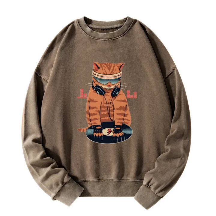 Funny Cat DJ Washed Sweatshirt