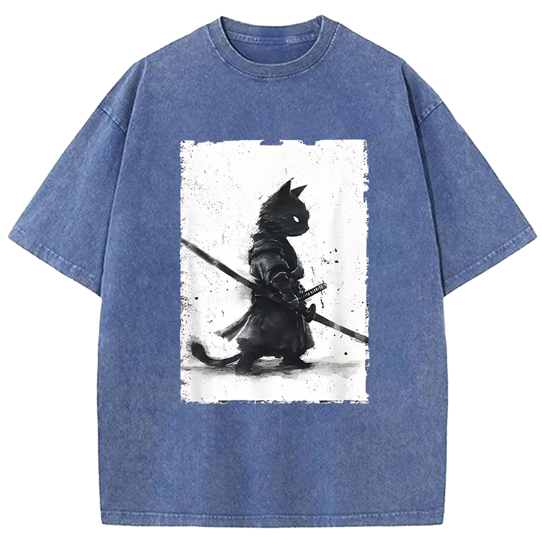 Samurai Cat Washed Crew Neck T-shirt