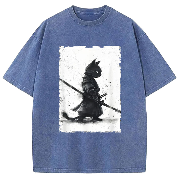 Samurai Cat Washed Crew Neck T-shirt