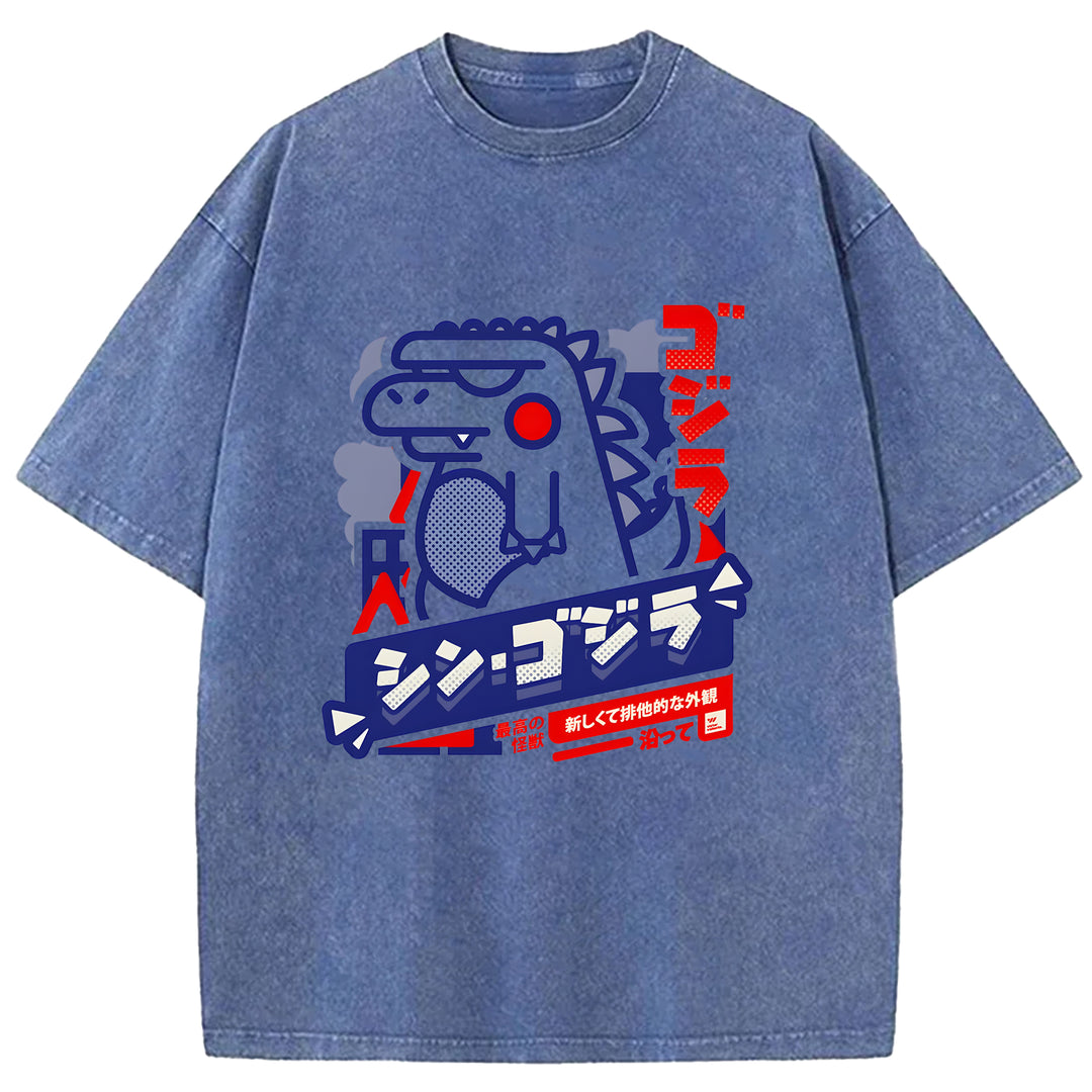 Cartoon Godzilla Washed Crew Neck T-Shirt