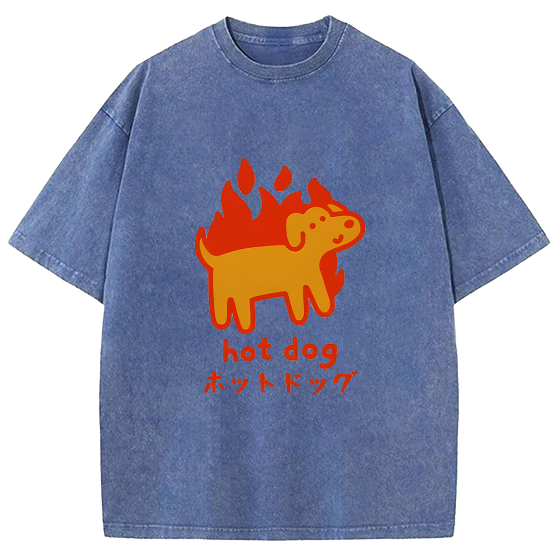 Funny Hot Dog Washed Crew Neck T-Shirt