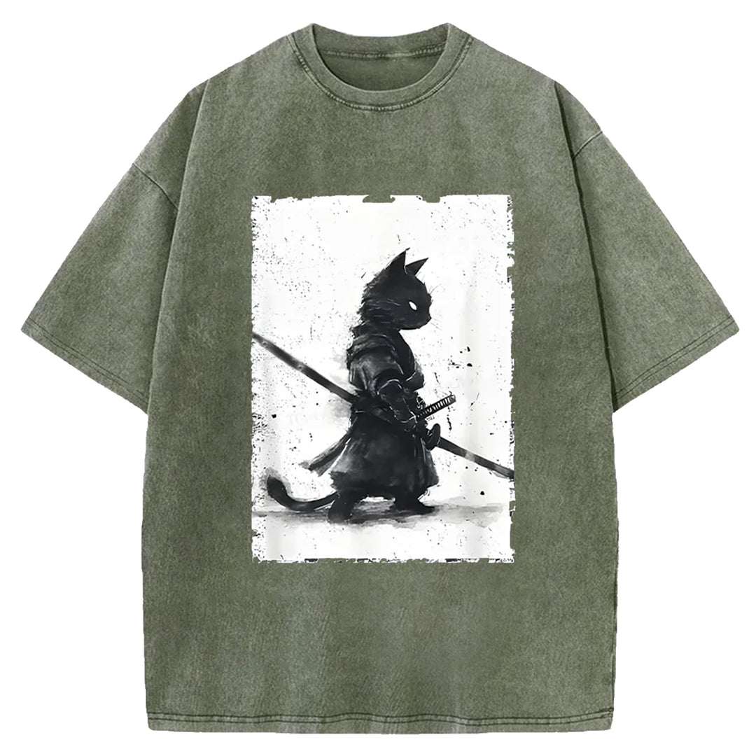 Samurai Cat Washed Crew Neck T-shirt