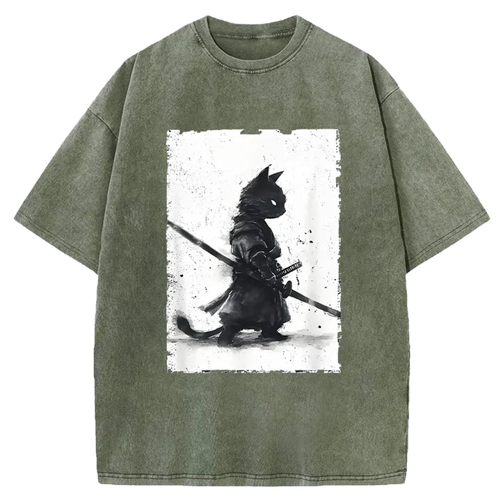 Samurai Cat Washed Crew Neck T-shirt