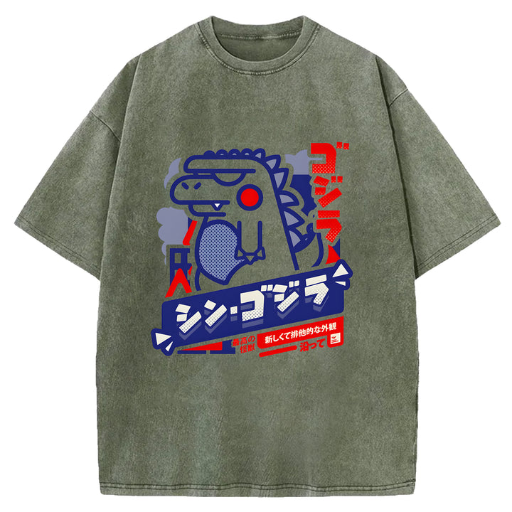 Cartoon Godzilla Washed Crew Neck T-Shirt