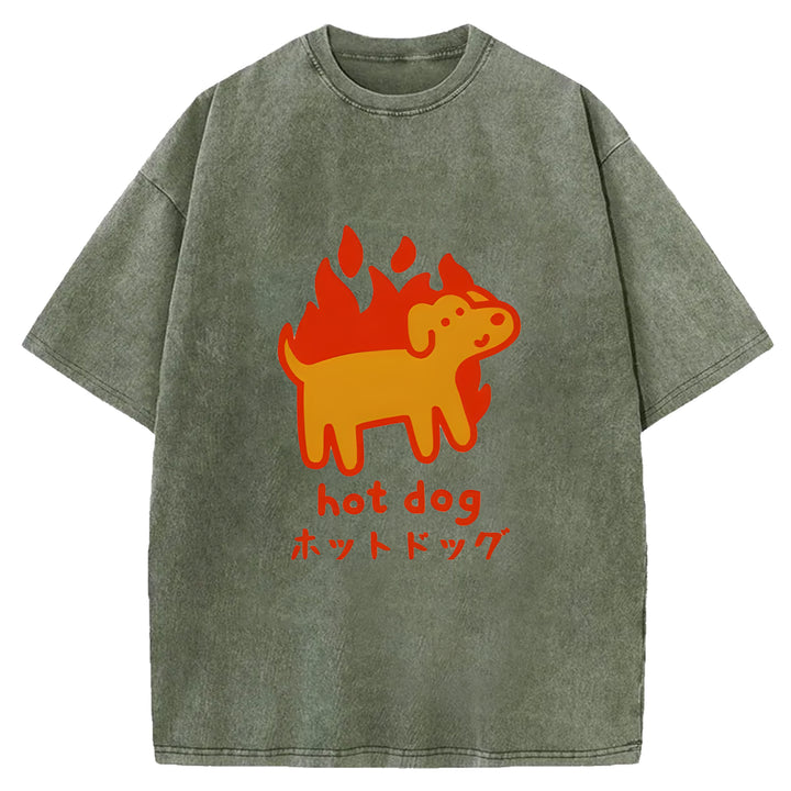 Funny Hot Dog Washed Crew Neck T-Shirt