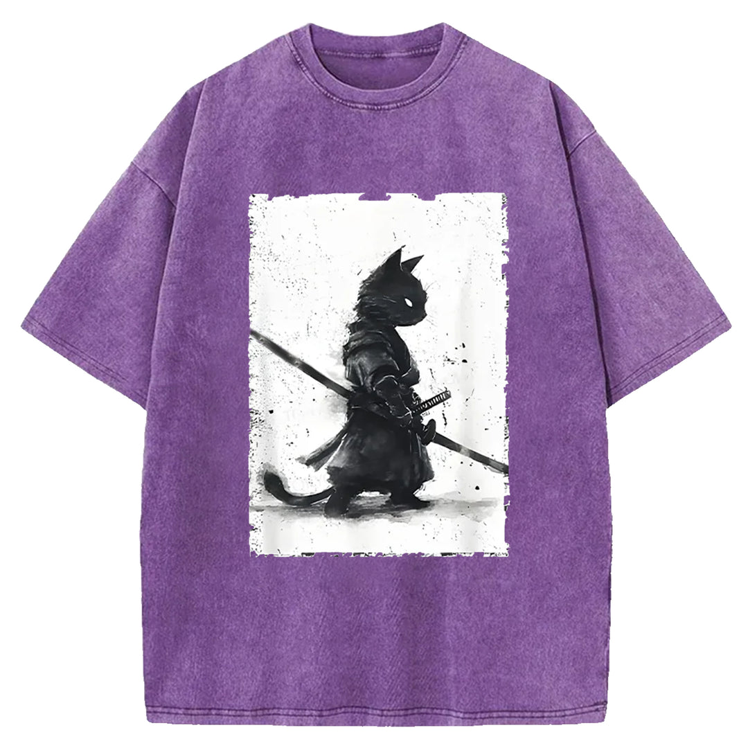 Samurai Cat Washed Crew Neck T-shirt