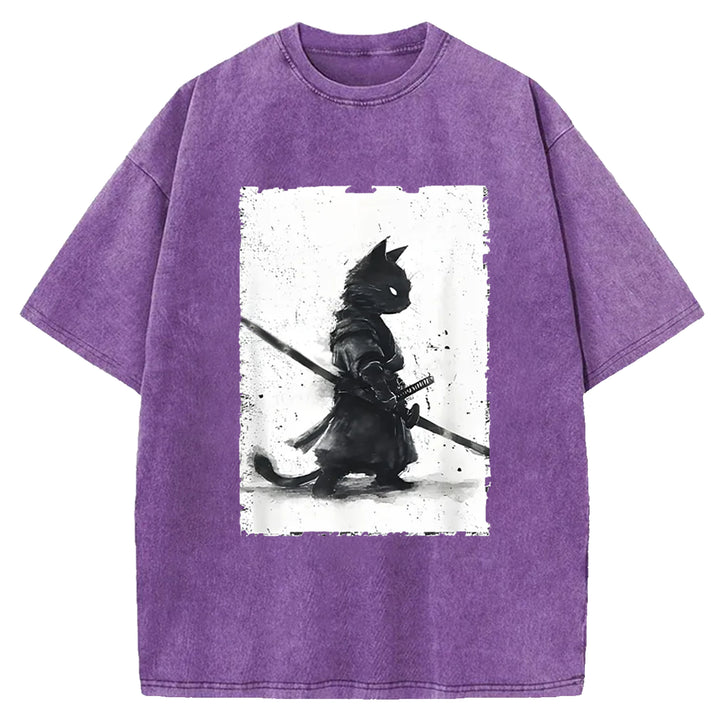 Samurai Cat Washed Crew Neck T-shirt
