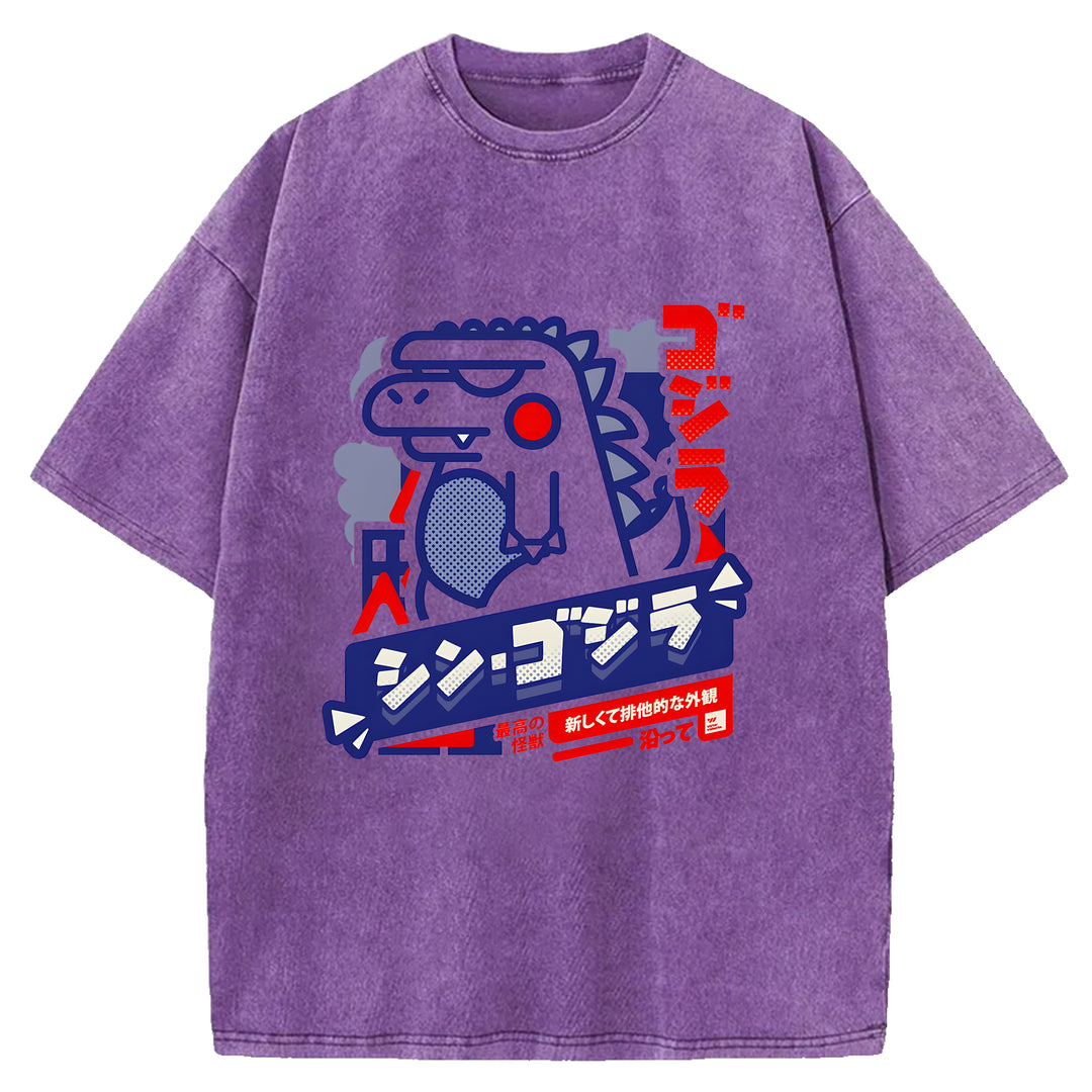 Cartoon Godzilla Washed Crew Neck T-Shirt