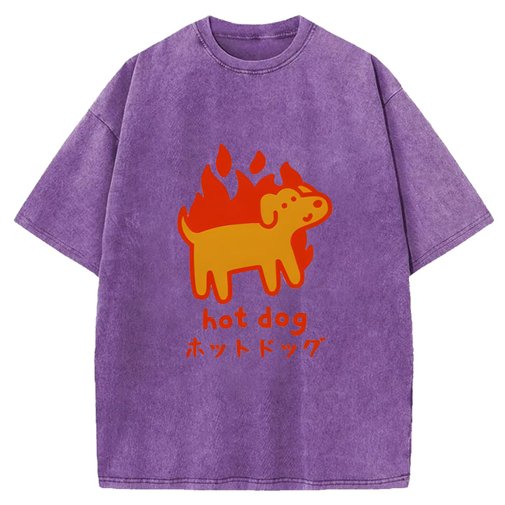Funny Hot Dog Washed Crew Neck T-Shirt