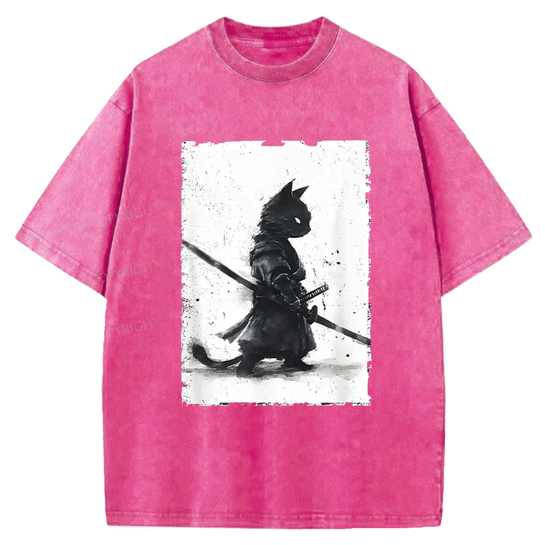 Samurai Cat Washed Crew Neck T-shirt