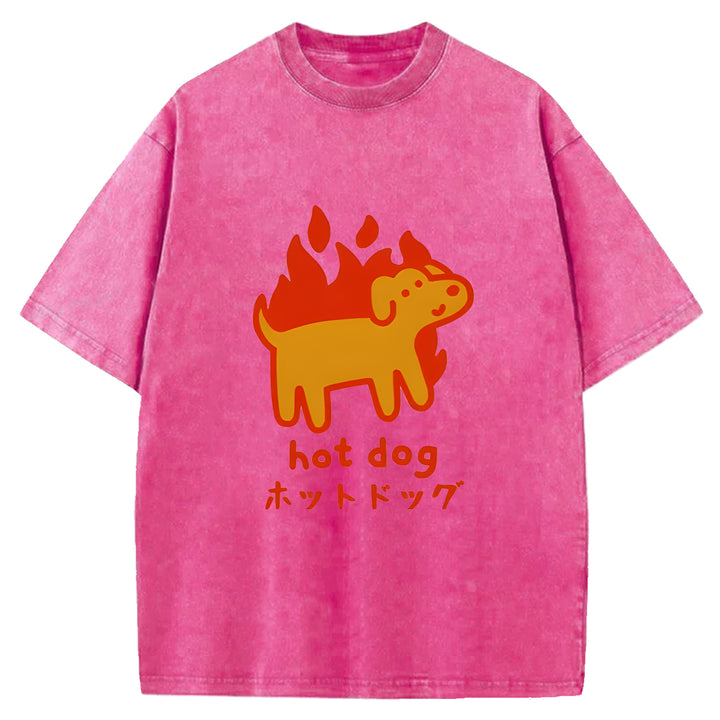 Funny Hot Dog Washed Crew Neck T-Shirt