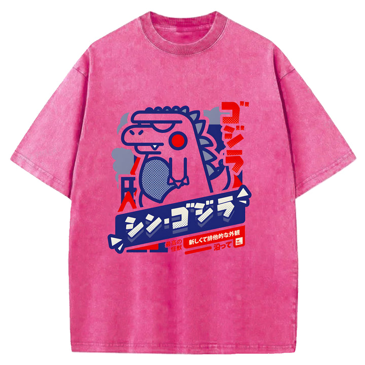 Cartoon Godzilla Washed Crew Neck T-Shirt