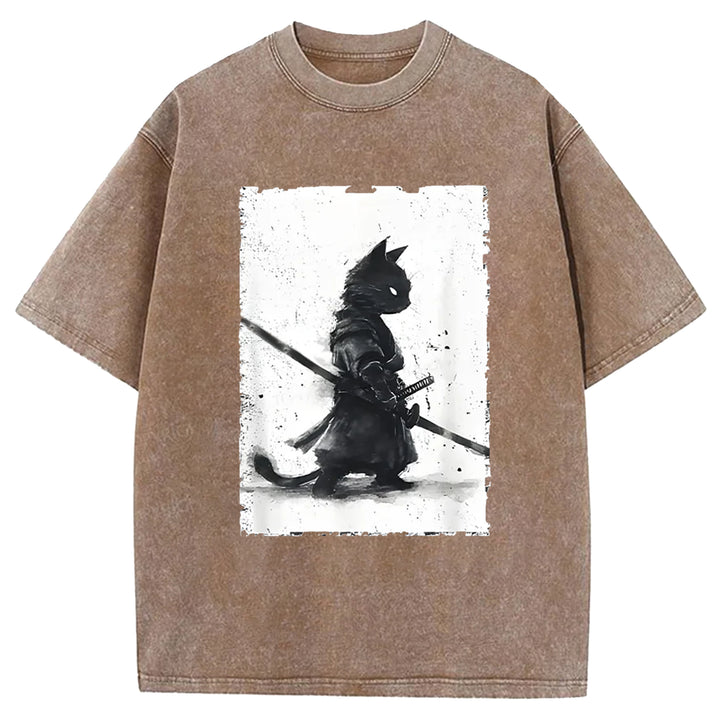Samurai Cat Washed Crew Neck T-shirt