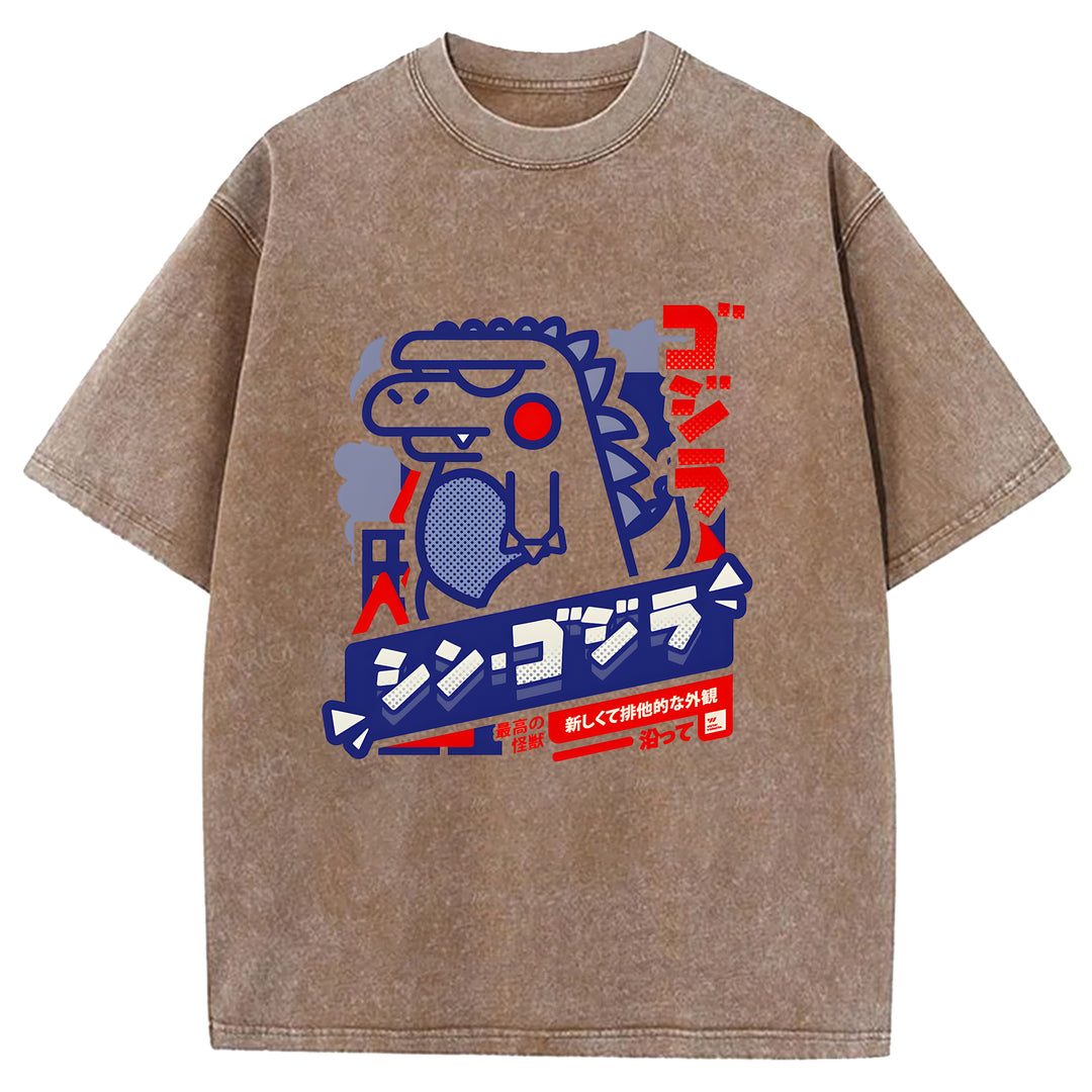 Cartoon Godzilla Washed Crew Neck T-Shirt