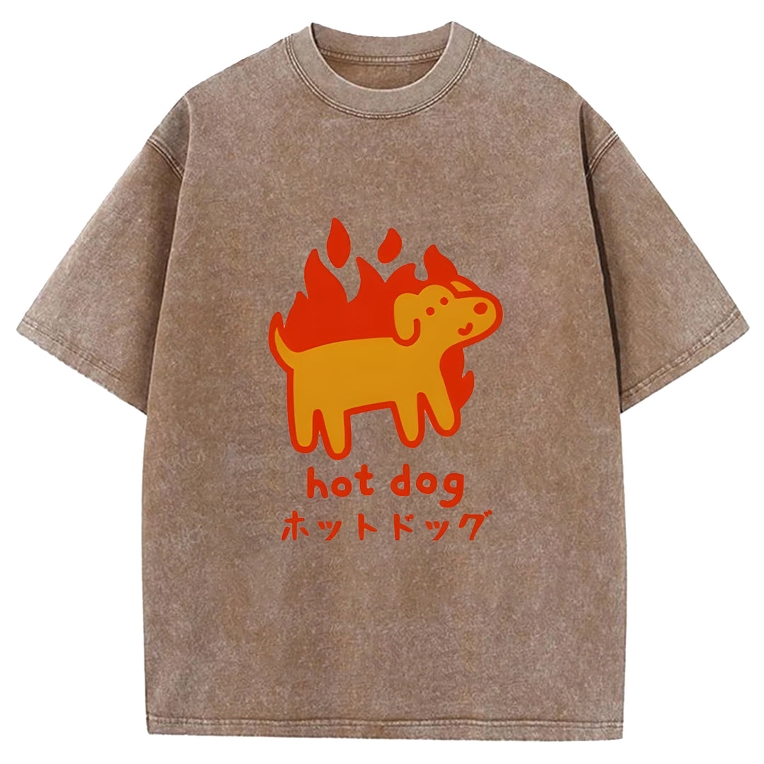 Funny Hot Dog Washed Crew Neck T-Shirt