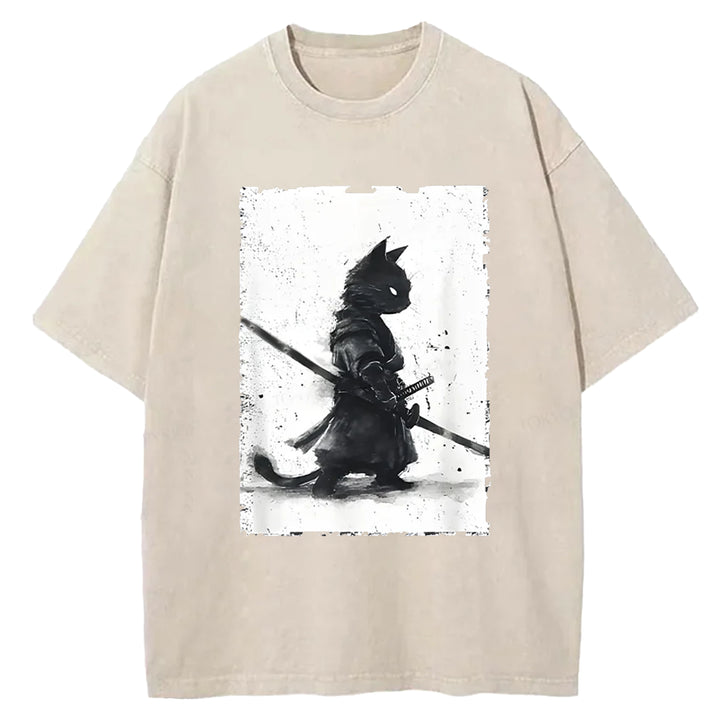 Samurai Cat Washed Crew Neck T-shirt