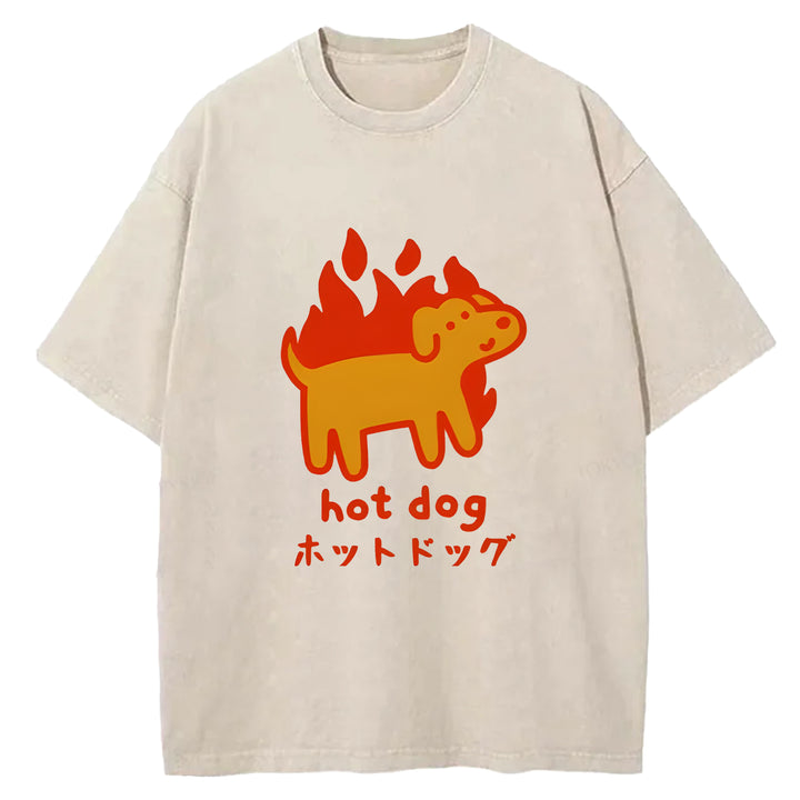 Funny Hot Dog Washed Crew Neck T-Shirt