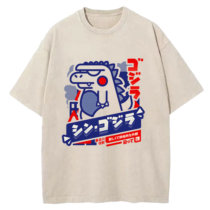 Cartoon Godzilla Washed Crew Neck T-Shirt