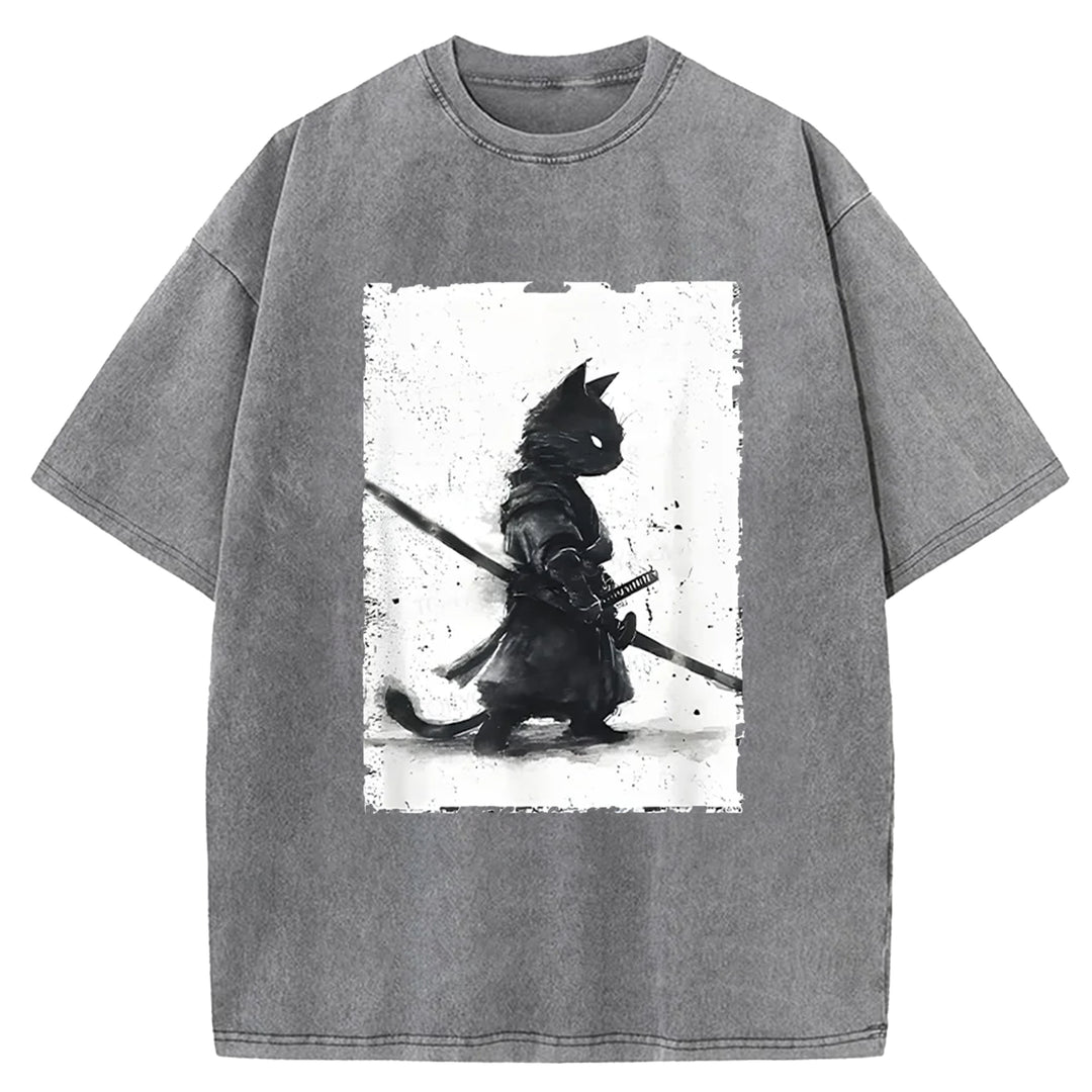 Samurai Cat Washed Crew Neck T-shirt