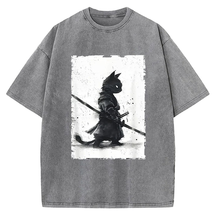 Samurai Cat Washed Crew Neck T-shirt