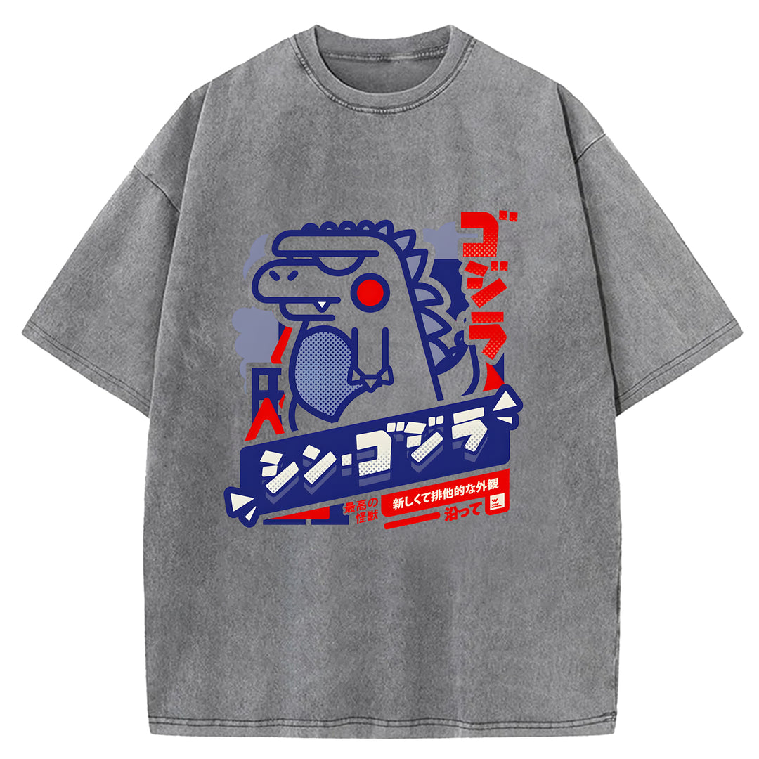 Cartoon Godzilla Washed Crew Neck T-Shirt