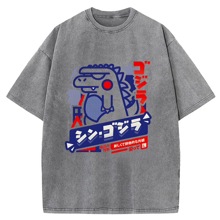 Cartoon Godzilla Washed Crew Neck T-Shirt