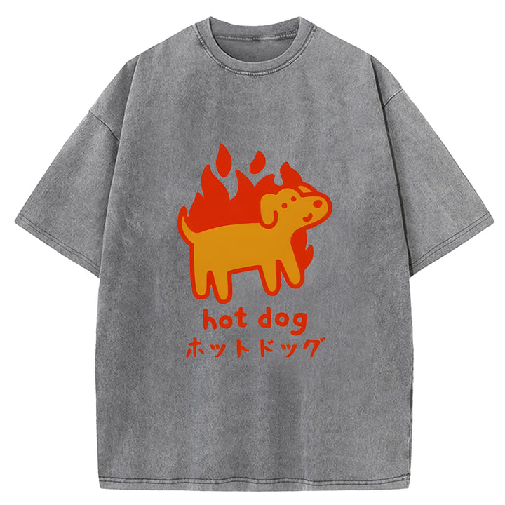 Funny Hot Dog Washed Crew Neck T-Shirt