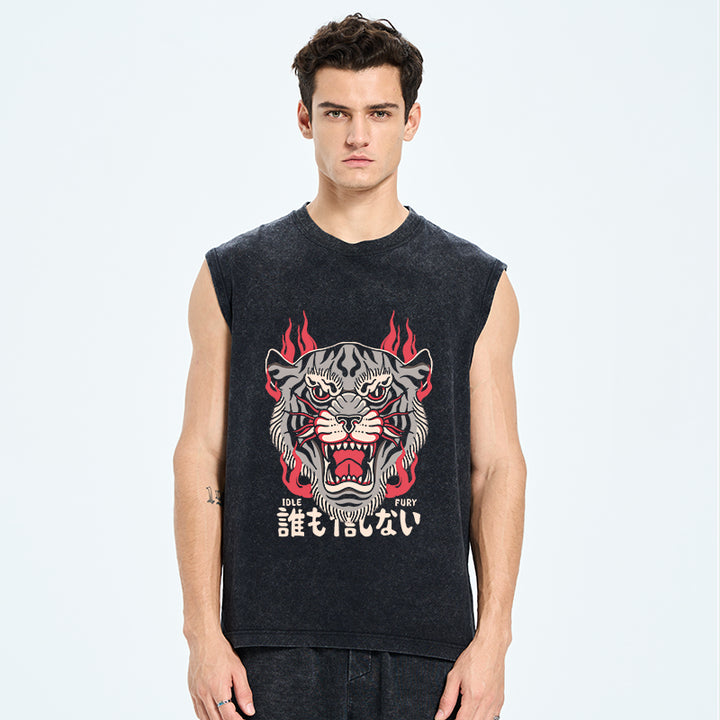 Japanese Tiger Flaming Fire Cotton Washed Tank