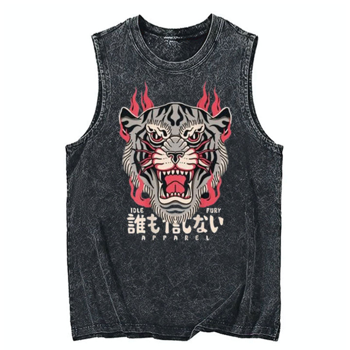 Japanese Tiger Flaming Fire Cotton Washed Tank