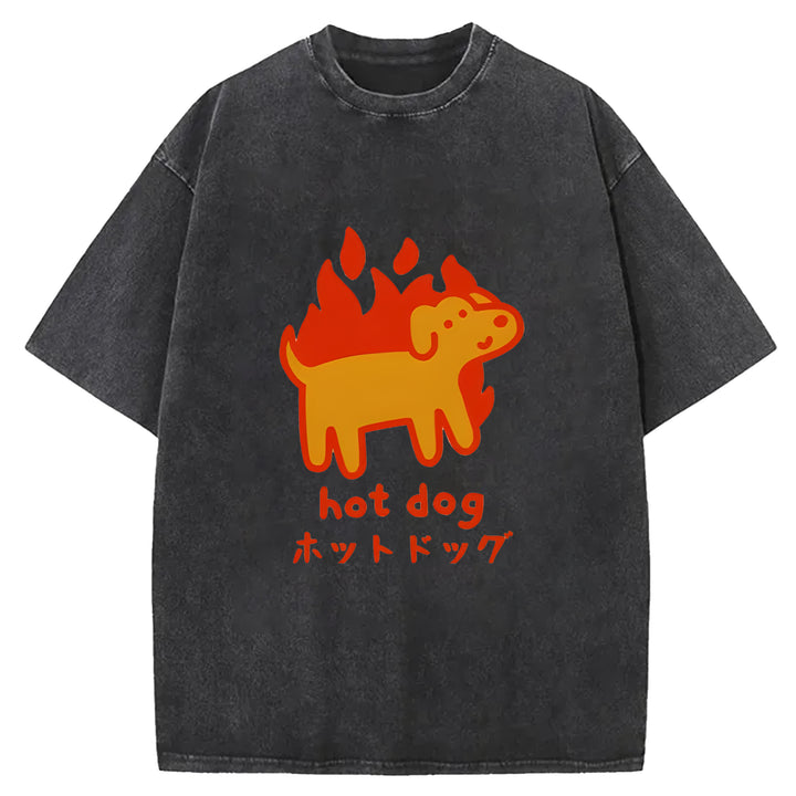 Funny Hot Dog Washed Crew Neck T-Shirt